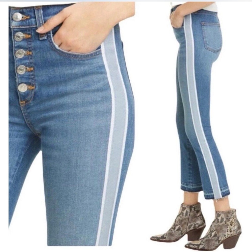 Veronica Beard Carolyn Baby Boot Jeans Ocean Blue Side Stripe Button Fly Size 29
